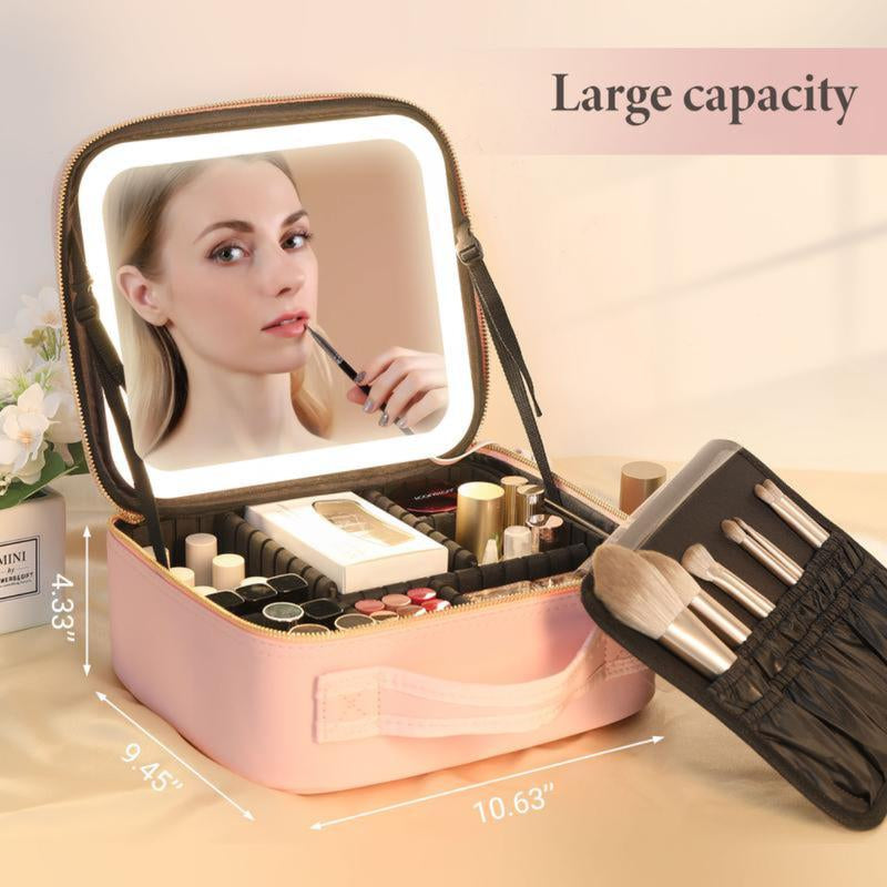 10X Magnifying Detachable Travel Makeup Bag with Mirror of LED Lighted, Adjustable Dividers Makeup Train Case