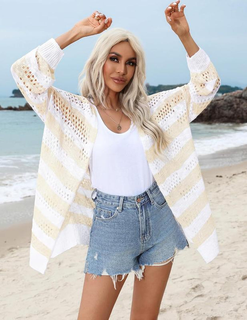 HOTOUCH Lightweight Crochet Cardigan for Women Long Sleeve Open Front Knit Oversized Wear Womenswear Beach Elegant Fashion Solid Matching