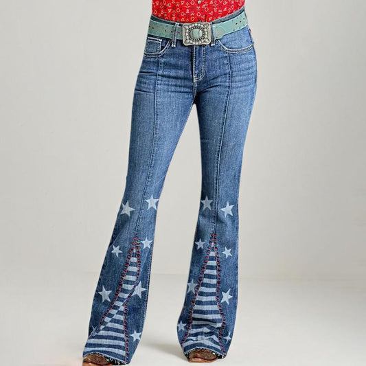 Western Style High Waist Flared Jeans with Star Embroidered Pattern Slimming Fit Retro Fashion Trendy Denim Wear