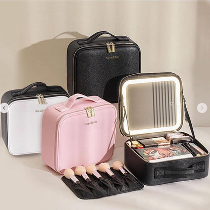 10X Magnifying Detachable Travel Makeup Bag with Mirror of LED Lighted, Adjustable Dividers Makeup Train Case