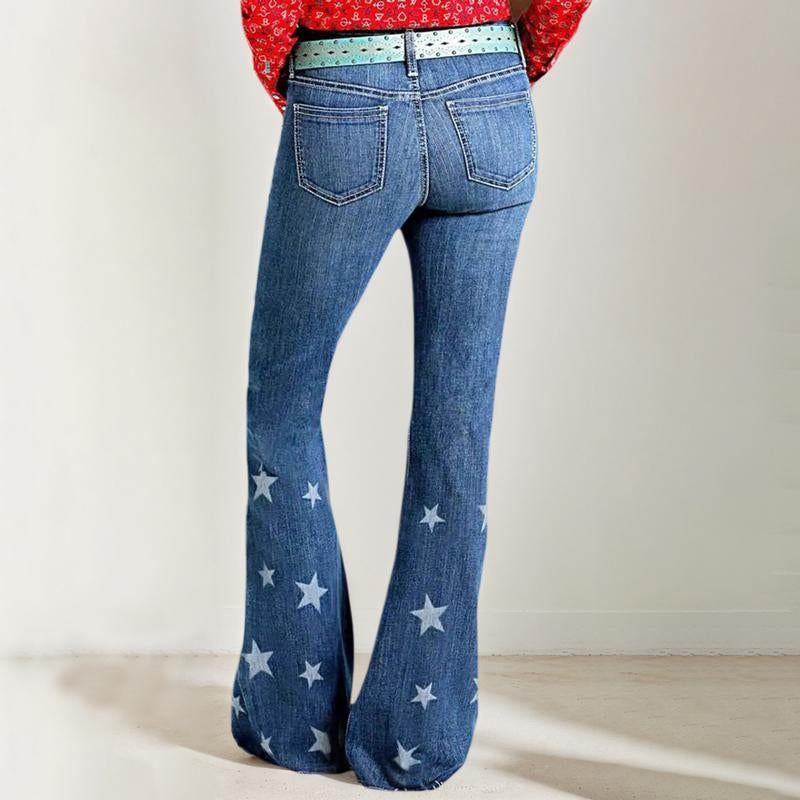 Western Style High Waist Flared Jeans with Star Embroidered Pattern Slimming Fit Retro Fashion Trendy Denim Wear