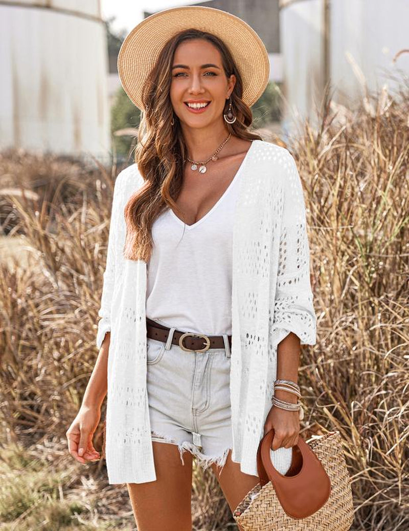 HOTOUCH Lightweight Crochet Cardigan for Women Long Sleeve Open Front Knit Oversized Wear Womenswear Beach Elegant Fashion Solid Matching