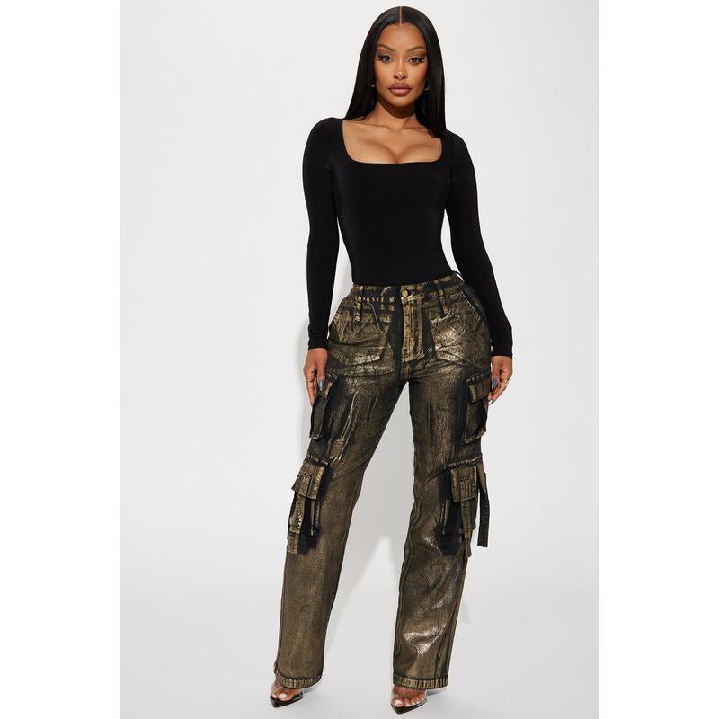 Pure Luxury Metallic Foil Cargo Pant - Gold/Combo