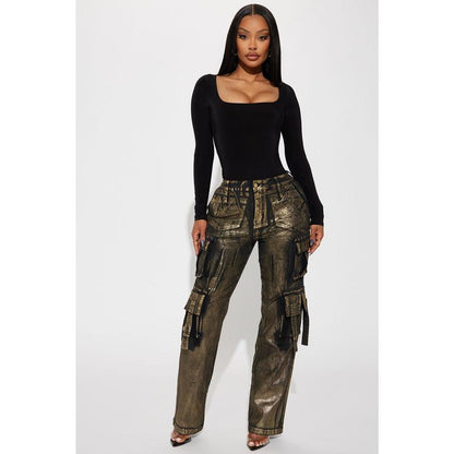 Pure Luxury Metallic Foil Cargo Pant - Gold/Combo