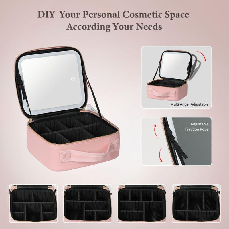 10X Magnifying Detachable Travel Makeup Bag with Mirror of LED Lighted, Adjustable Dividers Makeup Train Case