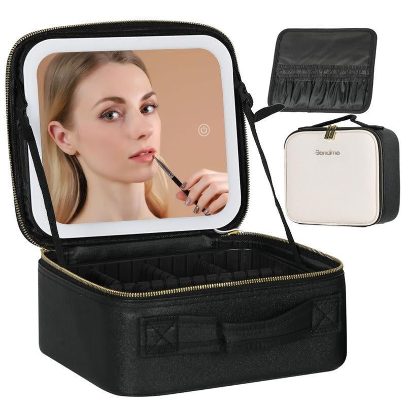 10X Magnifying Detachable Travel Makeup Bag with Mirror of LED Lighted, Adjustable Dividers Makeup Train Case