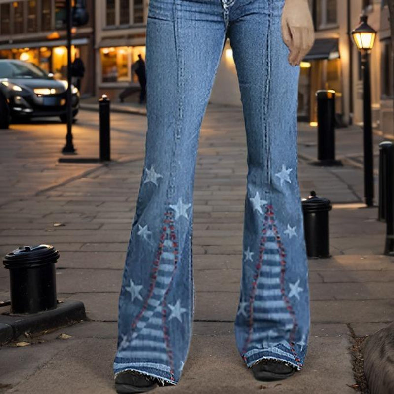Western Style High Waist Flared Jeans with Star Embroidered Pattern Slimming Fit Retro Fashion Trendy Denim Wear