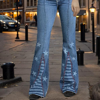 Western Style High Waist Flared Jeans with Star Embroidered Pattern Slimming Fit Retro Fashion Trendy Denim Wear