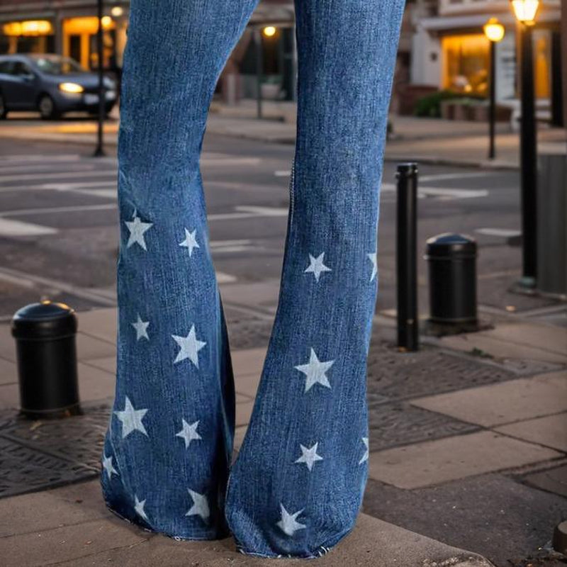 Western Style High Waist Flared Jeans with Star Embroidered Pattern Slimming Fit Retro Fashion Trendy Denim Wear